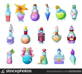 Potion bottles vector icons, magic elixir in glass flasks, cartoon design elements for magic gui or rpg games. Witch poison , halloween party objects alchemy liquid set isolated on white background. Potion bottles, magic elixir in glass flasks icons