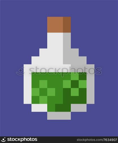 Potion in bottle vector, isolated icon of flask elixir for healing and curing flat style chemical in glass, 8-bit game design, pixel graphics wizard symbol. Pixeleted object for video-game or app 8bit game. Potion in Glass Bottle, Pixel Art Game Icon Vector