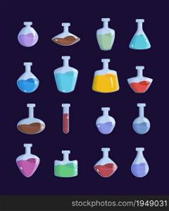 Potion jar. Witchcraft magic bottles game design objects antidot vector pictures set. Illustration elixir and potion for game, antidot bottle. Potion jar. Witchcraft magic bottles game design objects antidot vector pictures set