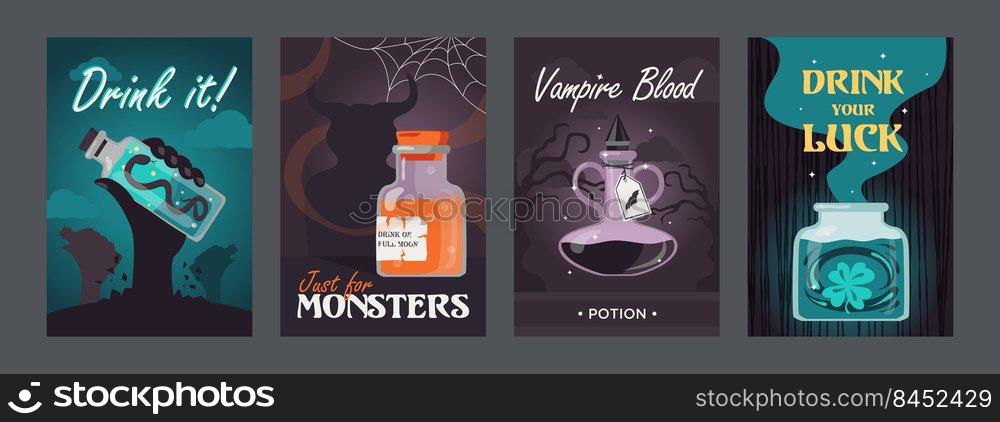 Potion posters set. Magic bottles with witchcraft drinks or v&ire blood vector illustrations with text. Witchery and Halloween concept for flyers and brochures design