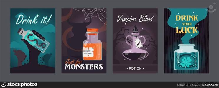Potion posters set. Magic bottles with witchcraft drinks or v&ire blood vector illustrations with text. Witchery and Halloween concept for flyers and brochures design