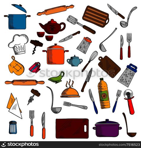 Pots and cups, tea set, knives and forks, spatula and cutting board, whisk and chef hat, graters and rolling pin, tray and corkscrew, napkin and pizza cutter, oven glove and salt shaker. Kitchen utensils and kitchenware icons