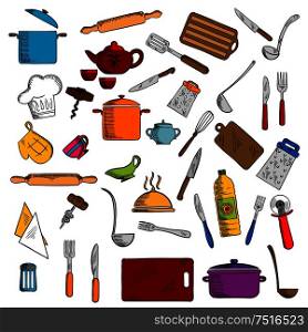 Pots and cups, tea set, knives and forks, spatula and cutting board, whisk and chef hat, graters and rolling pin, tray and corkscrew, napkin and pizza cutter, oven glove and salt shaker. Kitchen utensils and kitchenware icons