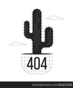 Potted cactus plant in clouds black white error 404 flash message. Wild west. Houseplant. Monochrome empty state ui design. Page not found popup cartoon image. Vector flat outline illustration concept. Potted cactus plant in clouds black white error 404 flash message