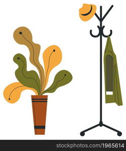 Potted decorative flower with lush leaves, isolated hanger stand with hat and coat. Rustic interior design, decor and furniture for hallway or hall. Trendy modern installation. Vector in flat style. Hanger with coat and hat, plant with leaves in pot