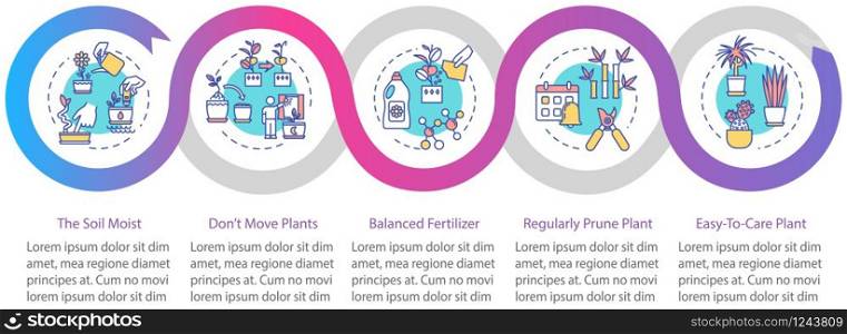 Potted flowers caring vector infographic template. Growing plants presentation design elements. Data visualization with five steps. Process timeline chart. Workflow layout with linear icons