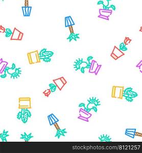 Potted Plant And Care Accessories Vector Seamless Pattern Color Line Illustration. Potted Plant And Care Accessories Icons Set Vector