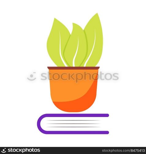 Potted plant on book semi flat color vector object. Houseplant growing. Full sized item on white. Domestic garden simple cartoon style illustration for web graphic design and animation. Potted plant on book semi flat color vector object