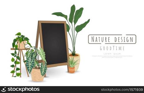 Potted plants and Black board for writing messages on white background, isolated objects, message area, Hand drawn, Vector drawn illustrations.