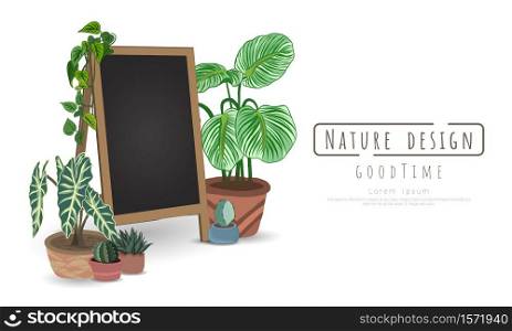 Potted plants and Black board for writing messages on white background, isolated objects, message area, Hand drawn, Vector drawn illustrations.