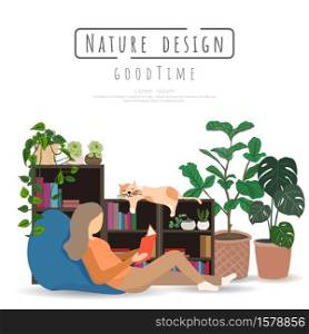 Potted plants and woman reading a book on white background, isolated objects, message area, Hand drawn, Vector drawn illustrations.