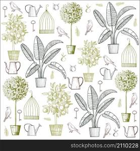 Potted plants, birds and cage. Vector background.