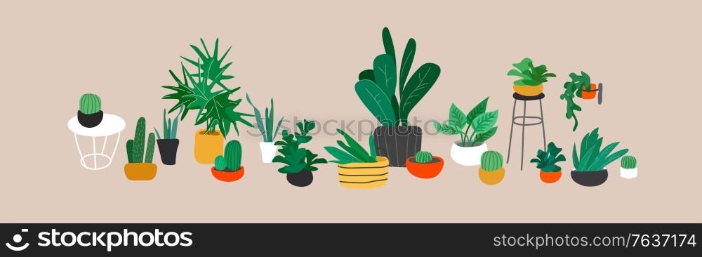Potted plants collection. Urban jungle, trendy home decor with plants, cactus, tropical leaves. Set of house indoor plant vector hand drawn cartoon illustration. Potted plants collection. Urban jungle, trendy home decor with plants, cactus, tropical leaves. Set of house indoor plant vector hand drawn cartoon