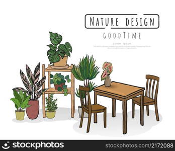 Potted plants Set and Minimalist interior furniture of sofa with dressing table. hand drawn vector doodle illustration interior minimalist design.