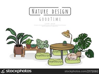 Potted plants Set and Minimalist interior furniture of sofa with dressing table. hand drawn vector doodle illustration interior minimalist design.