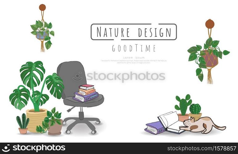 Potted plants with Book and Cat for writing messages, Indoor and outdoor landscape garden potted plants isolated on white, Vector set green plant in the pot.