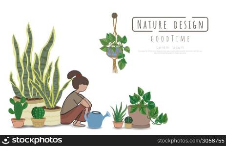 Potted plants with Woman , Indoor and outdoor landscape garden potted plants isolated on white, Vector set green plant in the pot.