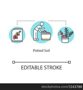 Potted soil concept icon. Planting preparation stage. Fluffing, plowing ground. Flower seeds. Houseplant care idea thin line illustration. Vector isolated outline RGB color drawing. Editable stroke