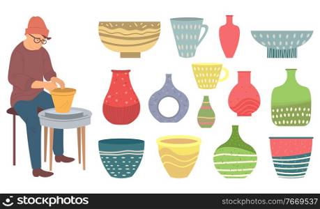 Potter character make kitchenware, bowl and jar set. Rustic ornamental plate, man doing ceramic dish, colorful tableware, ewer symbol, utensil object, hobby vector. Ceramist and Dishware, Made Kitchenware Vector