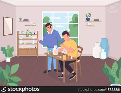 Pottery class flat color vector illustration. Craftsman paint vase. Creative hobby. Artist workshop. Art teacher and student 2D cartoon characters with classroom interior on background. Pottery class flat color vector illustration
