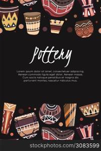 Pottery lessons. Flat clay vases and pots with a boho pattern and place for text on dark background. Vector vertical template for invitation, certificate, banner and your design.. Pottery lessons. Flat clay vases and pots with a boho pattern and place for text on dark background. Vector vertical template