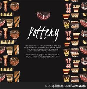 Pottery lessons. Flat clay vases and pots with a boho pattern and place for text on a dark background. Vector template for invitations, diplomas, banners and your design.. Pottery lessons. Flat clay vases and pots with a boho pattern and place for text on a dark background. Vector template