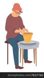 Pottery making clay kitchenware hobby, isolated cartoon style person sitting at spinning table and producing handmade vase. Vector, creating of containers and jars. Pottery Hobby, Hipster Man Making Pots From Clay