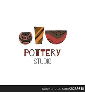 Pottery Studio. Cartoon flat doodle illustration of clay pots and vases and with lettering. Vector object for icons, logos, labels and your design.. Pottery Studio. Cartoon flat doodle illustration of clay pots and vases and with lettering. Vector object