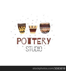 Pottery Studio. Cartoon flat doodle illustration of clay pots and vases and with lettering. Native pattern. Vector object for icons, logos, labels and your design.. Pottery Studio. Cartoon flat doodle illustration of clay pots and vases and with lettering. Native pattern. Vector object