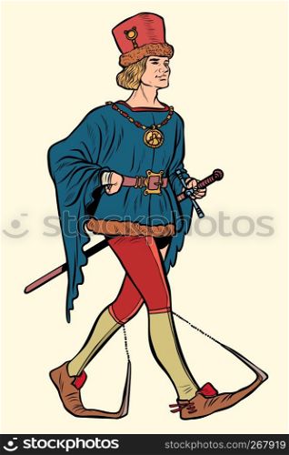 Poulaines worn, medieval man 15th century. Pop art retro vector illustration vintage kitsch. Poulaines worn, medieval man 15th century