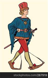 Poulaines worn, medieval man 15th century. Pop art retro vector illustration vintage kitsch. Poulaines worn, medieval man 15th century