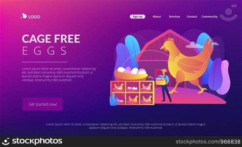 Poultry business, farming industry modern technology. Free run chicken and eggs, cage-free eggs, choose eggs from happy chickens concept. Bright vibrant violet vector isolated illustration. Free run chicken and eggs concept landing page.