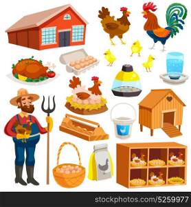 Poultry Farm Elements Set . Poultry farm elements set with owner birds barn coop roost chicken meat and eggs isolated vector illustration