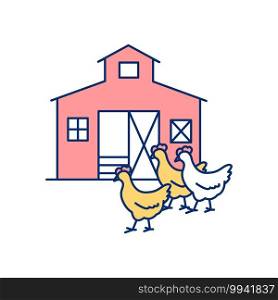 Poultry farm RGB color icon. Raising chickens on ranch. Farmland, farmhouse for livestock. Meat production. Chick breed. Domesticated animals. Farming industry, business. Isolated vector illustration. Poultry farm RGB color icon