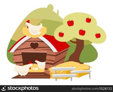 Poultry farming flat vector illustration. Chicken farm produce cartoon concept isolated on white background. Organic animal agriculture, hennery. Hens carrying eggs in henhouse nests, chicken coop