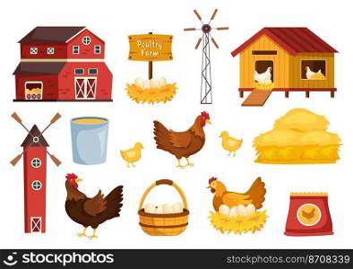 Poultry Farming with Farmer, Cage, Chicken and Egg Farm on Green Field Background View in Hand Drawn Cute Cartoon Template Illustration