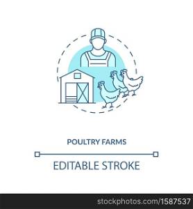 Poultry farms concept icon. Farm production types. Organic foods field organizations. Animal meat production idea thin line illustration. Vector isolated outline RGB color drawing. Editable stroke. Poultry farms concept icon. Farm production types