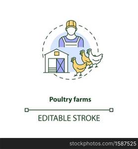 Poultry farms concept icon. Farm production types. Organic foods ranches. Animal meat production idea thin line illustration. Vector isolated outline RGB color drawing. Editable stroke. Poultry farms concept icon. Farm production types