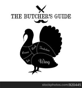 Poultry meat cut lines diagram on the outline of a turkey, butcher shop, market poster design, graphic black and white flat vector illustration. Poultry, turkey meat cut lines diagram graphic poster, guide for