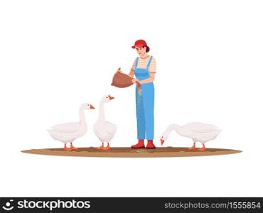 Poultry pasture semi flat RGB color vector illustration. Local production of domestic bird. Woman feeding geese. American farm. Female farmer isolated cartoon character on white background. Poultry pasture semi flat RGB color vector illustration