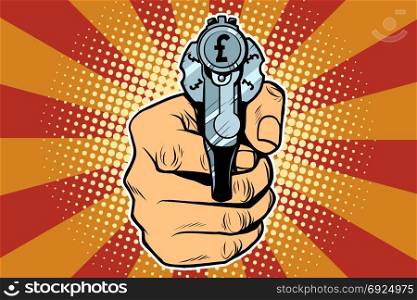 pound currency money Finance revolver in hand. Pop art retro vector illustration. pound currency money Finance revolver in hand