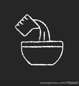 Pour cooking ingredient chalk white icon on dark background. Adding liquid to bowl. Baking process step. Cooking instruction. Food preparation. Isolated vector chalkboard illustration on black. Pour cooking ingredient chalk white icon on dark background