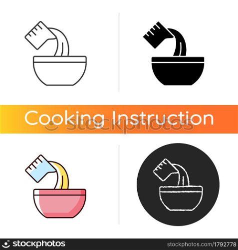 Pour cooking ingredient icon. Adding liquid to bowl. Baking process step. Add mixture. Cooking instruction. Food preparation. Linear black and RGB color styles. Isolated vector illustrations. Pour cooking ingredient icon