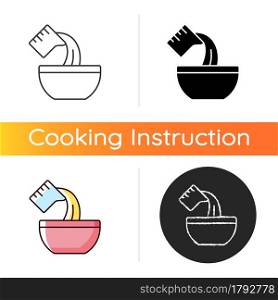 Pour cooking ingredient icon. Adding liquid to bowl. Baking process step. Add mixture. Cooking instruction. Food preparation. Linear black and RGB color styles. Isolated vector illustrations. Pour cooking ingredient icon