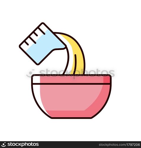 Pour cooking ingredient RGB color icon. Adding liquid to bowl. Baking process step. Add mixture. Cooking instruction. Food preparation. Isolated vector illustration. Simple filled line drawing. Pour cooking ingredient RGB color icon