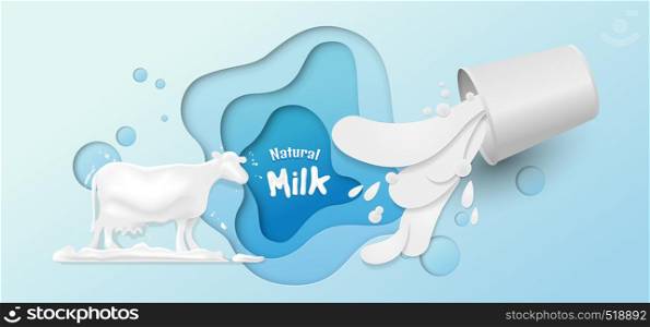 Pour milk from a white paper cup on a blue background. art style paper cut, vector illustration and design.