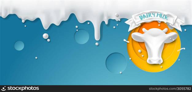 Pour milk on a blue background, template for advertisement, vector illustration and design.