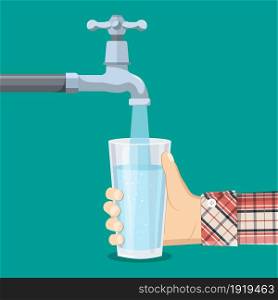 Pour water into the glass from the tap. Cup of purified water holding in hand. Man drinking healthy beverage. Person filling up a glass. Vector illustration in flat style. Pour water into the glass from the tap.