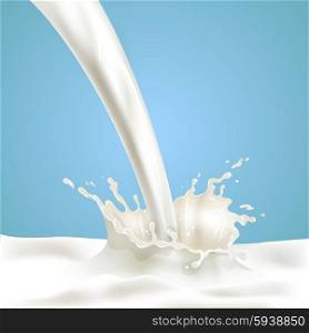 Pouring milk with splash ad poster. Pouring fresh creamy soya milk with splash against blue background healthy choice advertisement banner abstract vector illustration