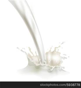 Pouring milk with splash illustration poster. Pouring fresh natural cow milk with splash against white background food industry advertisement poster abstract vector illustration